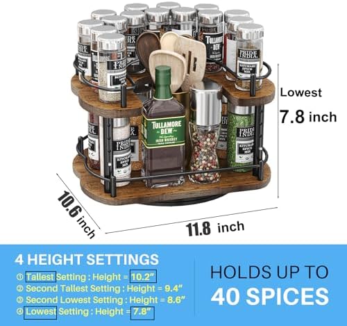 SNTD Lazy Susan Spice Rack Organizer for Cabinet, Wood, Vintage, 12 in | Rotating Turntable, Height Adjustable, Space-Saving D-Shape Design, Revolving Spice Storage for Kitchen Countertop Pantry