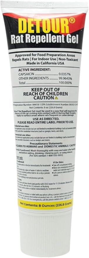 Detour Rat Repellent Gel Professional Grade Rat Mice Repellent 8 oz Squeeze Tube NSF-Approved for Food Preparation Areas Protects Car Engine Wires & Outdoor Grills from Rodents