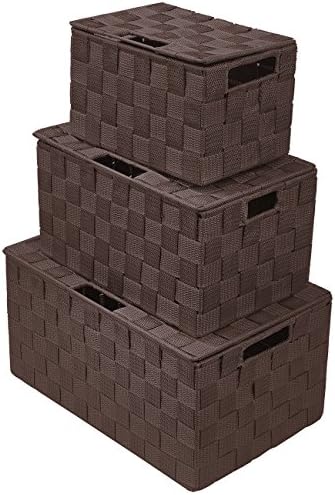 Sorbus Storage Basket with Lid, 3-Piece Woven Set for Shelves (Chocolate)