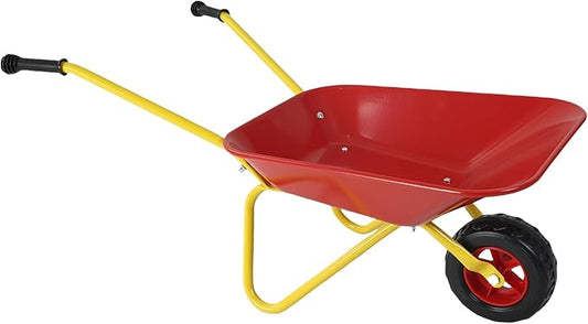Kids Metal Wheelbarrow with Single Wheel,Children Garden Cart with Steel Tray and Non-Slip Handles, Sturdy Outdoor Yard Toy for Toddlers, Ideal for Sand, Leaves, and Soil (Red-Wheelbarrow)