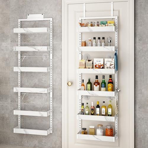 BUKFEN Over the Door Pantry Organizer, 6-Tier Adjustable Basket Spice Rack | 2-IN-1 Door & Wall Mounted, Heavy Duty Metal Storage Shelf, 12 Hooks, Behind Door Organizer for Kitchen, Bathroom, Closet