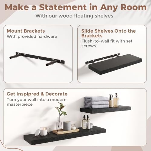 30 Inch Floating Shelves for Wall 2 Pack, 8"D Wood Grain Bathroom Shelves | Invisible Brackets, Black Finish, Easy Install | Engineered Wood Storage Shelves for Kitchen, Study, Bedroom