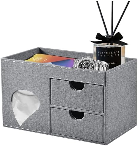 Square Tissue Box Cover with Drawers,Tissue Box Holder with Storage Tray, Makeup Organizer and Desk Organizer,Tissue Holders Decorative for Bathroom Vanity NightStand Dressing Table (Grey)