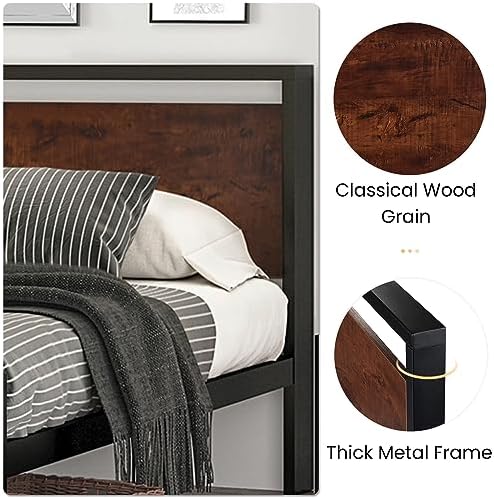 SHA CERLIN 14 Inch Queen Size Metal Platform Bed Frame with Wooden Headboard and Footboard, Mattress Foundation, No Box Spring Needed, Large Under Bed Storage, Non-Slip Without Noise, Mahogany