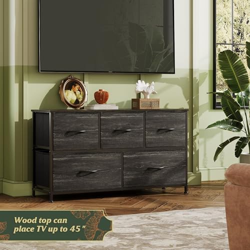 WLIVE Wide Dresser for Bedroom, 5 Drawer Chest of Drawers, Black Wood Grain