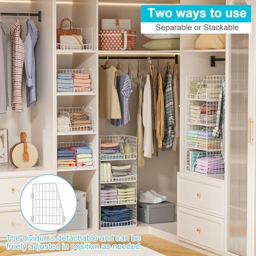 Hongtamoya 4-Tier Closet Organizers and Storage Basket with Divider, Foldable Closet Shelf Organizer System, Space-Saving Clothes Storage Drawer Organizer Bins for Wardrobe Cupboard, White