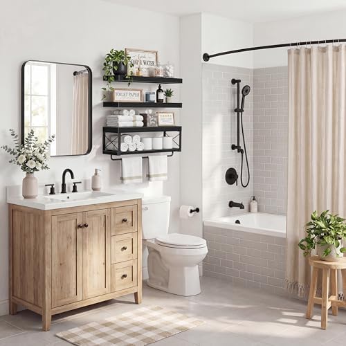 QEEIG Bathroom Shelves Over Toilet - Floating Shelf for Wall Toilet Paper Storage Farmhouse 24 inch Long Set of 3, Black (029-60B3)