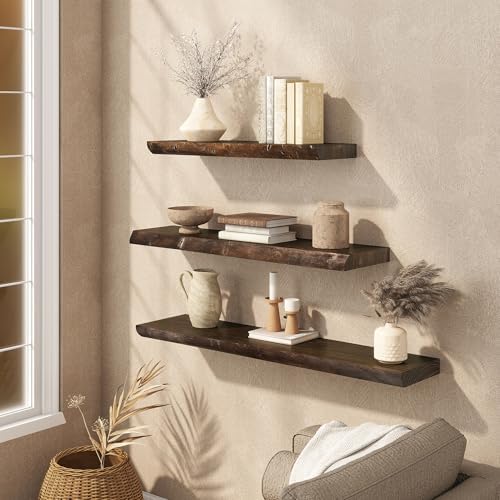 24" Live Edge Floating Shelves, Solid Elm Wood Shelf, Set of 2