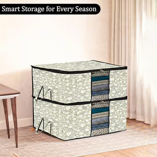 Kuber Industries Underbed Storage Bag | Clothes Storage Organizer | Blanket Cover with Clear Window | Zipper Closure & Handle Cloth Organizer | Flower-Design | Large | Pack of 2 | Black
