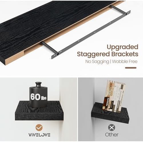 Vivelove Floating Shelves 9 inch Deep 48”Long Set of 1, Black | Easy Install With Hardware, 1.5" Thick, Invisible Brackets, Wall Mounted, No Sagging, For Any Room