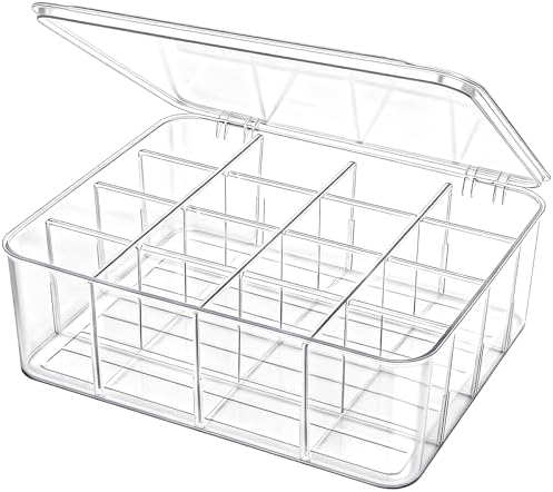 Adjustable Sock Underwear Drawer Organizer Dividers, 16 Grid Clear Tea Bag Holder with Lid, Removable Divided Tie Organizer Box, Plastic Storage Bin for Scarves Bras