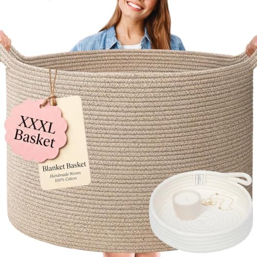 Huddle XXXLarge WASHABLE Blanket Basket for Living Room,Toys Storage, Baby | Woven Decorative Soft Cotton Rope Big Blanket Basket+Mini Basket for Nursery, Dog Toys, Storage, Organization 22x14 Oatmeal