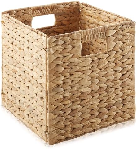 Casafield 10.5" x 10.5" Water Hyacinth Storage Baskets, Natural - Set of 6 Collapsible Cube Organizers, Woven Bins for Bathroom, Bedroom, Laundry, Pantry, Shelves