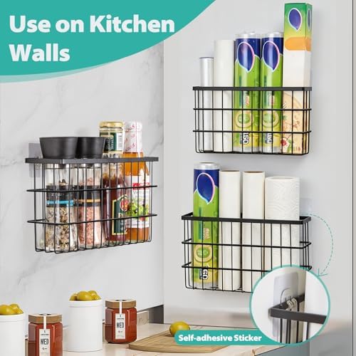 Sinnsally 3 Pack Cabinet Door Organizer,Self Adhesive Lid Organizers Inside Cabinet Storage Boxes,Hanging Storage Basket Organizer Wall Mounted Pantry Caddy Cup Holder for Kitchen,Fridge,Bathroom