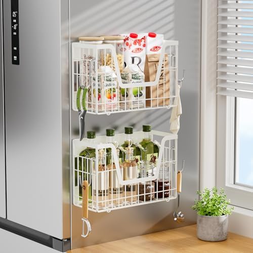 2 Set Magnetic Fridge Shelf, White Magnetic Fruit Basket for Fridge