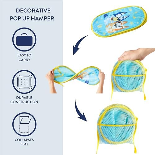 Bluey Pop-Up Hamper with Carry Handles – 21" x 13.5", Bluey and Bingo Design, Lightweight & Collapsible Laundry Basket for Kids’ Bedroom, Bathroom, or Playroom