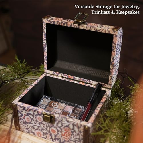 Vintage Decorative Storage Box with Handle, Retro Floral William Morris Keepsake Organizer Chest for Jewelry, Trinkets, Gift Packaging and Home Decor, 7 x 5.6 x 4.7 Inch