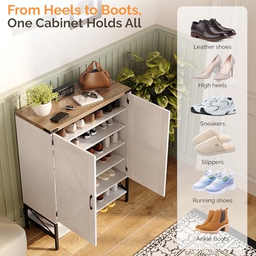 VINGLI Farmhouse Shoe Cabinet for Entryway, 32" Antique White Shoe Storage Cabinet with 2 Barn Doors, Large Capacity Shoe Organizer with Adjustable Shelves for Foyer, Bedroom, Closet