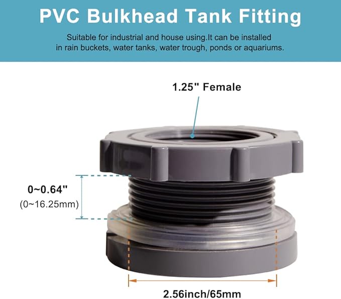Ququyi 1.25 Inch PVC Bulkhead Water Tank Connector Adapter Fitting with Plugs Thru-Bulk Pipe Fitting for Rain Barrels, Aquariums, Ponds(Set of 2)