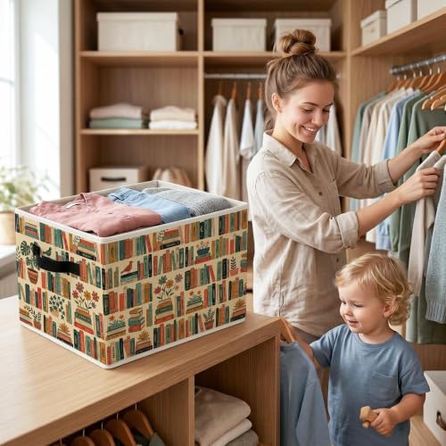 Vintage Cottagecore Bookshelf Book Storage Bins with Handles, Bookish Collapsible Laundry Basket Organizer for Library Reading Room, Book Lover Reader Gifts Decorative Storage Boxes