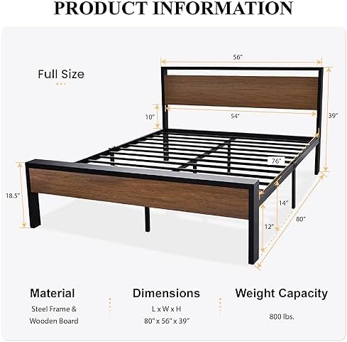 SHA CERLIN 14 Inch Full Size Metal Platform Bed Frame with Wooden Headboard and Footboard, Mattress Foundation, No Box Spring Needed, Large Under Bed Storage, Non-Slip Without Noise, Walnut