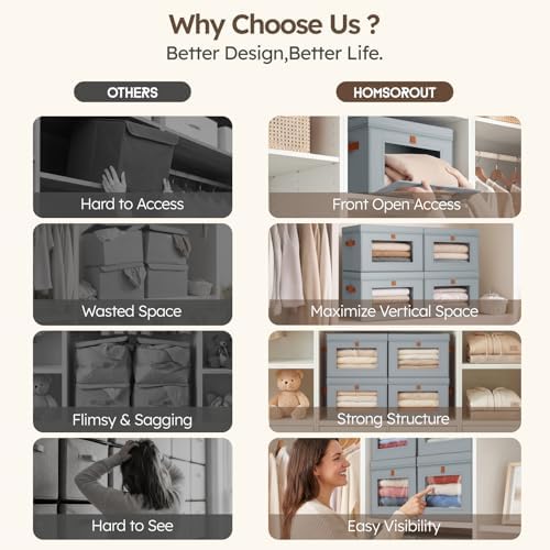 Homsorout Storage Bins with Lids - Front Opening Storage Box with Clear Window & Handles, Stackable Foldable Fabric Bins for Closet Organization, Clothes, Sweaters, Towels, Blankets, 3 Pack, Grey