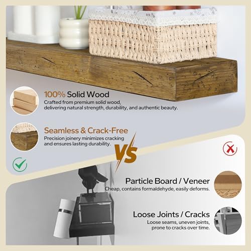 Floating Shelves 3 inch Thick for Wall Set of 2,Solid Pine Wood Wall Mount Shelf for Kitchen Living Room Bedroom Bathroom,8" D x 36" L x 3" H-Distressed Black Walnut