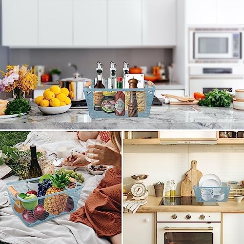 2Pack Metal Mesh Steel Basket with Bamboo Handle - Wire Metal Basket for Kitchen Organization, 12" Wide Food Organizer Bin, Perfect for Organizing Bulk Pantry (BLUE)