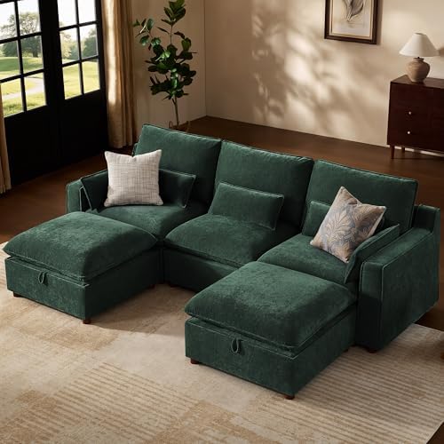 WorthFurni Modern Modular Sectional Sofa,103" U Shape Minimalist Couch with Storage Ottoman,Comfty 4 Seat Sofa for Living Room,Green Chenille