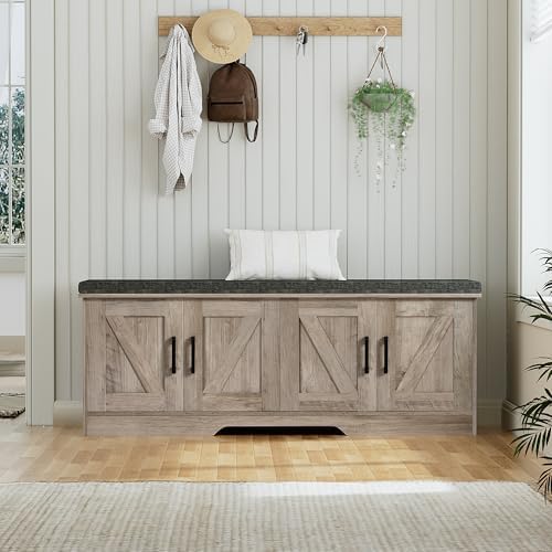 HOMSHO Farmhouse Shoe Storage Bench with 4 Barn Doors & Padded Seat Cushion