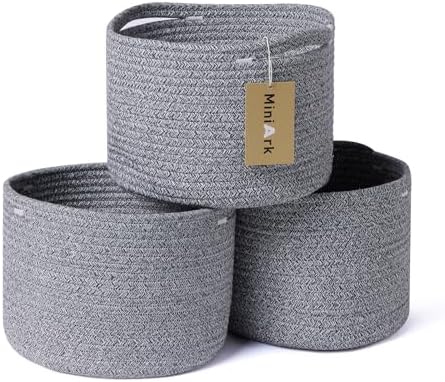 MiniArk Small Basket for Organizing | Cube Shelf Closet Storage Baskets | 9.7×9.7×7.1” | Woven Rope Gift Basket | Nursery | Round 3 Packs Mixed Grey