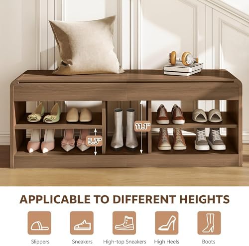 Shoe Storage Bench with Flip-Open Box & Shelf, Walnut