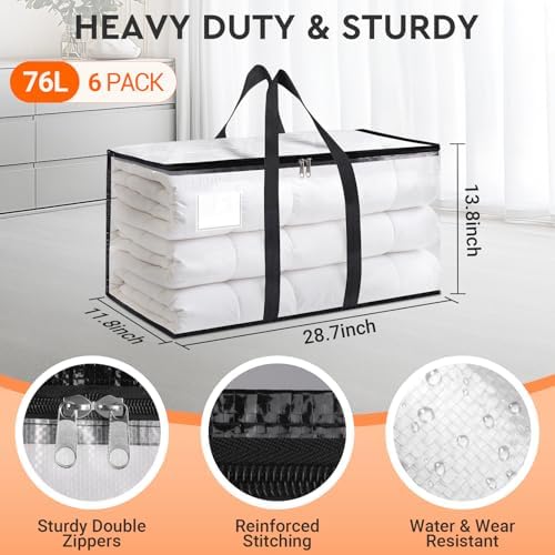 HomeHacks Moving Bags, Heavy Duty Storage Bags for Clothes, 6 Pack 76L