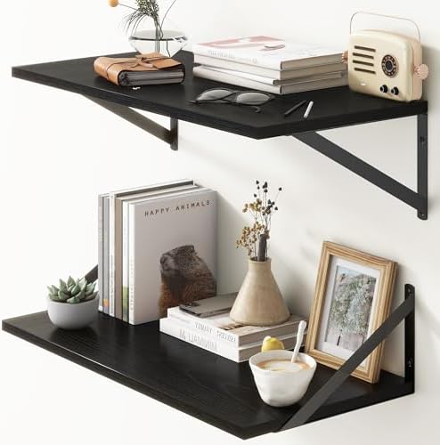 Deep Floating Shelves, 12 Inch Deep Floating Shelves for Wall, 24"W x 12"D Wall Shelves for Books, Rustic Black Wooden Shelves, Large Wide Display Shelf for Bathroom, Living Room, Bedroom, Set of 2