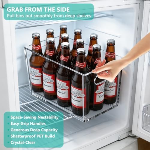 4 Pack Clear Storage Bins, PET Pantry Organizers & No-Tip Storage Containers with Cutout Handles for Fridge Freezer Kitchen Cabinet Closet Countertop, Nestable Open Top Organization Bins Save Space
