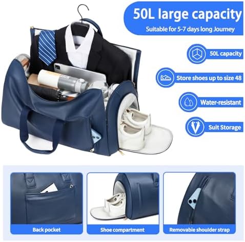 Leather Garment Bag，Convertible Garment Duffel Bag for Travel Mens Suit Bag 2 in 1 Waterproof Foldable Carry on Garment bag with Shoulder Strap Weekender Bag with Shoe Pouch