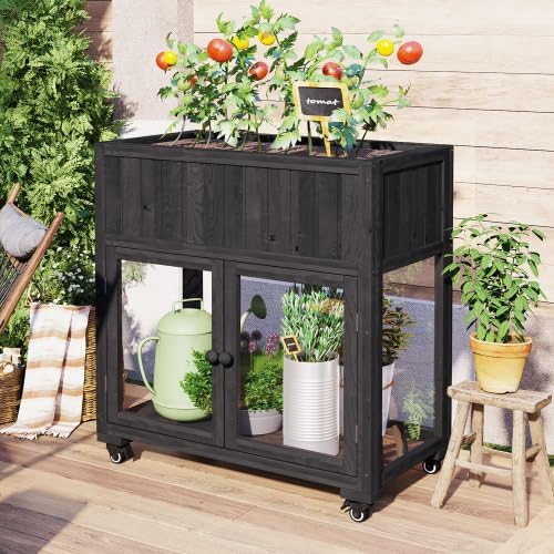 Outdoor Raised Garden Bed with Bottom Cold Frame Greenhouse, Wooden Raised Planter with Wheels & Drainage Holes, 2 Polycarbonate Doors, Ideal for Patio, Balcony, Black