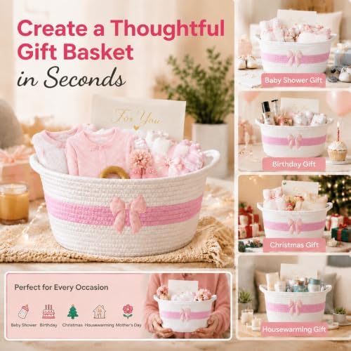 Woven Gift Basket Empty with Bag, Ribbon and Card, 14x 10x 6 in, White+Pink