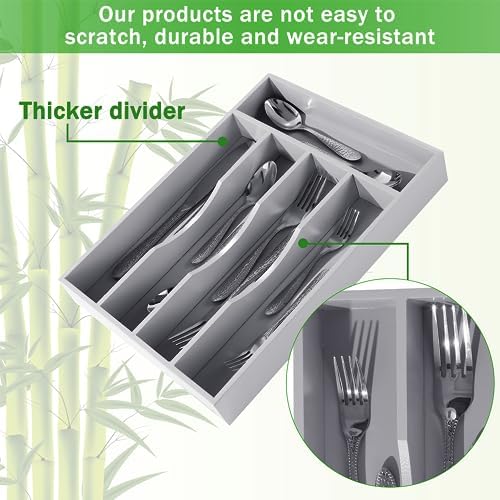 Greenual Gray Silverware Organizer 10 In Utensil Organizer Silverware Tray for Drawer Cutlery Flatware Organizer for Kitchen Bamboo Wood