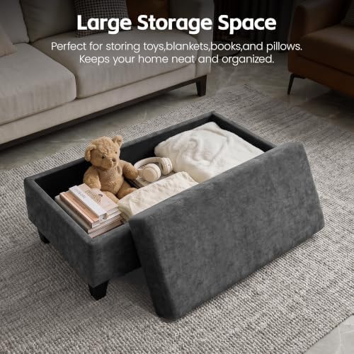 GENTEACO 45" Ottoman Coffee Table with Storage, Reversible Wooden Tray Top, Large Chenille Upholstered Ottoman, Hidden Storage Foot Rest Bench for Living Room, Bedroom, Entryway,Dark Gray