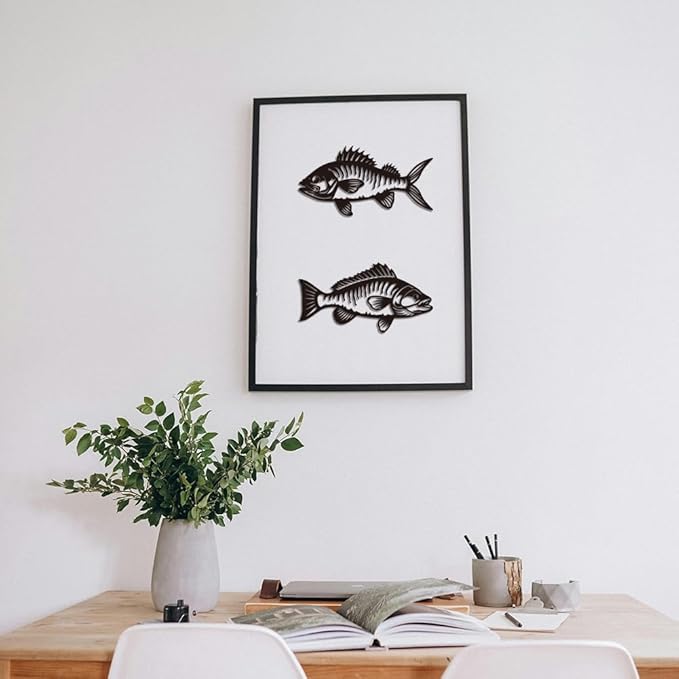 WADORN Metal Fish Wall Art Decor, Fishing Metal Wall Art Hanging Decor Signs Fishing Living Wall Sculpture Statues Decor for Home Living Room Bedroom Bathroom Cabin, 7.8x14.9Inch