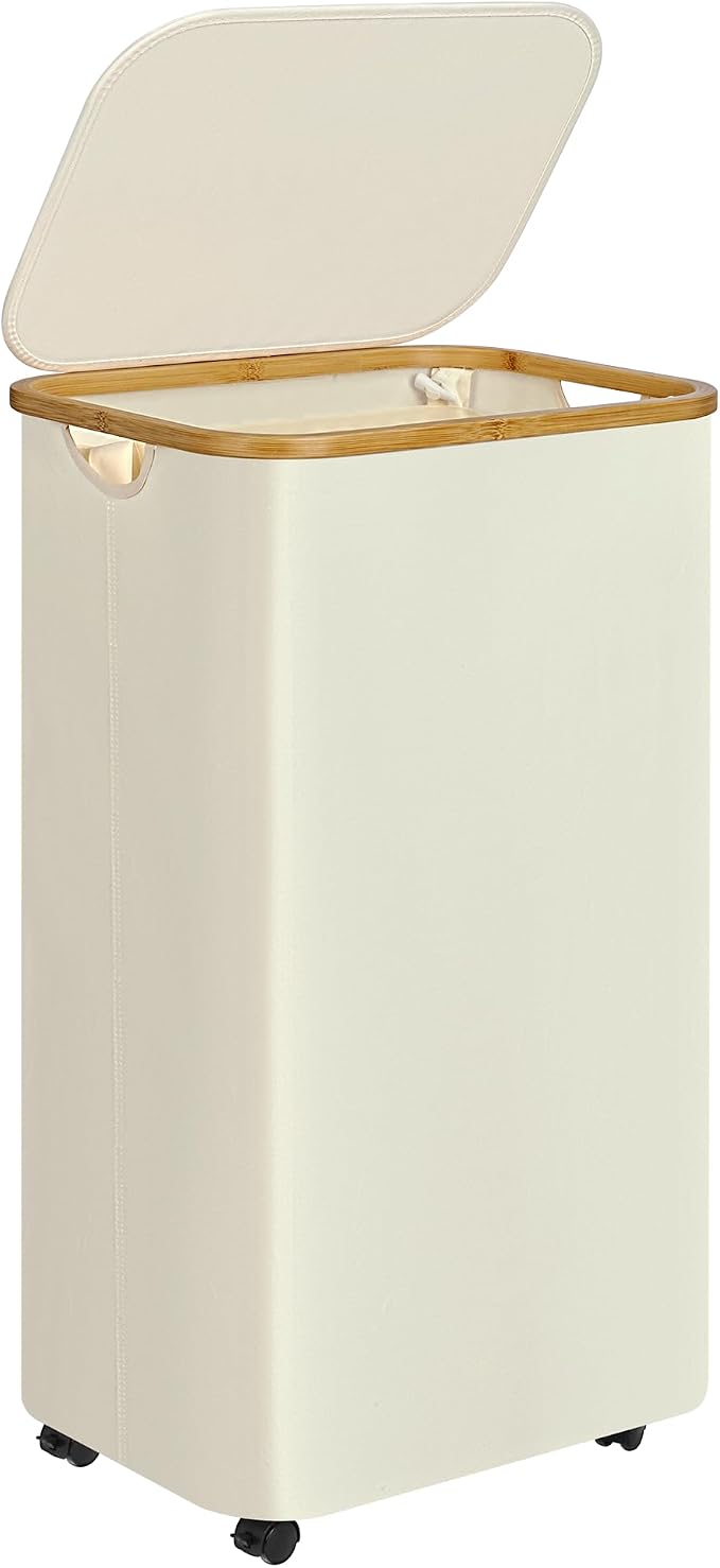 Laundry Basket with Wheels,100L Hampers for Laundry,Large Laundry Hamper with Lid and Bamboo Handles,Collapsible & Waterproof Tall Cloth Hamper for Dormitory Family，Beige