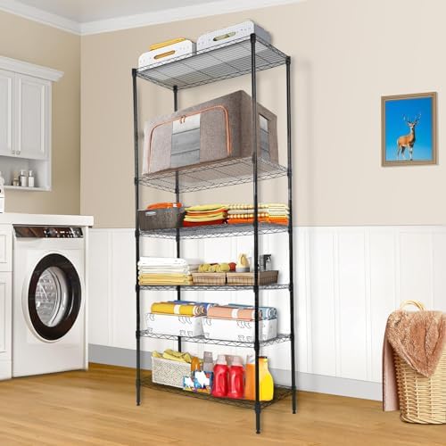 Whitmor 6 Tier Storage Shelves, Heavy Duty with Wheels, 400 lbs Capacity per Shelf, Max 2400 lbs Total, Adjustable Storage Units for Garage, Laundry, Plant, 30" L x 14" W x 70" H, Black