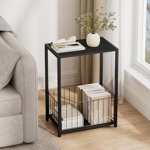 Homleke Side Table with Magazine Holder, Record Player Stand with LP Shelf