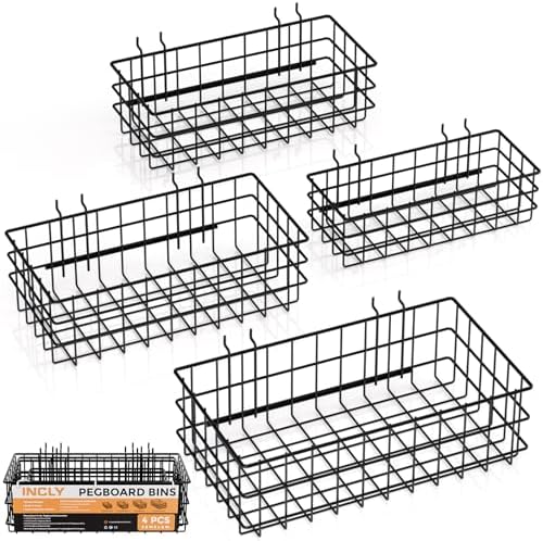 INCLY 4 Pack Pegboard Baskets Bins Set, Black Metal Pegboard Accessories | 4 Size Square Style, Metal Wire Basket, For Any Peg Board Organizing Tools, Workbench Garage Wall Storage