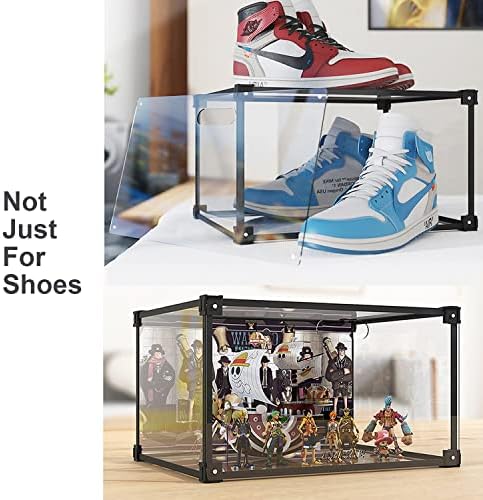Magnetic Side Open Transparent Plastic Storage Shoe Box Clear Shoe Display Case Sneaker Shoe Storage Box Display Box Shoe Container Clear Closet Shelf Shoe Organizer (Black 4PC)