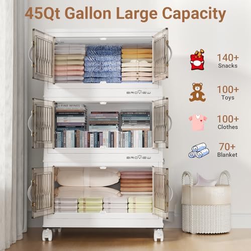 BROVIEW 180Qt Stackable Storage Bins with Lid & Wheels, Plastic Collapsible Closet Organizers and Storage Drawers for Clothes | Foldable Storage Cabinet Container for Dorm Kitchen 4Pack White