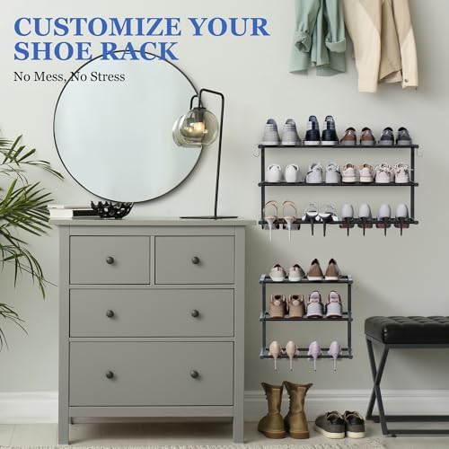 Wall Mounted Shoe Rack, 3 Tier Hanging Shoe Rack Holds 12 Pairs, 17"-30" Adjustable Heavy Duty Metal Shoe Organizer Holder with 2 Storage Hooks, Space Saving for Closet Entryway Doorway（Black