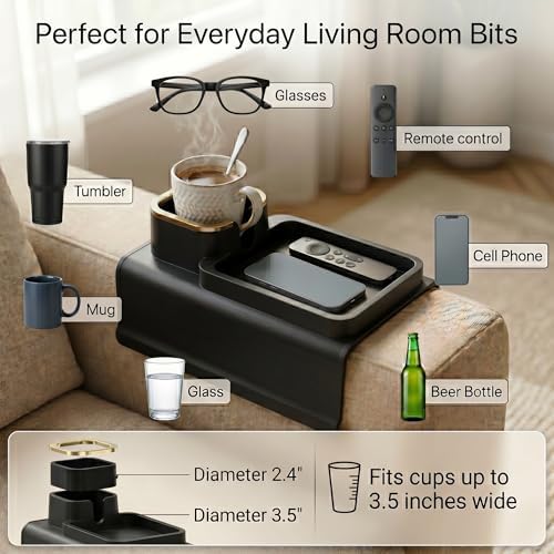 Silicone Recliner Cup Holder & Couch Caddy | Weighted Recliner Arm Caddy Tray, Anti-Spill Armchair Caddy with Cup Holder, Fits Flat Arms 6"+, Black