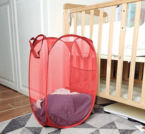 Larpur Popup Mesh Laundry Basket, Collapsible and Portable Clothes Washing Laundry Hamper with Reinforced Carry Handle (Red)